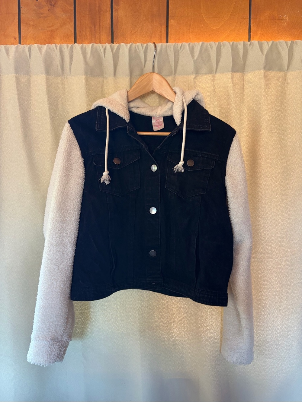 No Boundaries Black Cropped Denim Jacket with Sherpa Hood & Sleeves